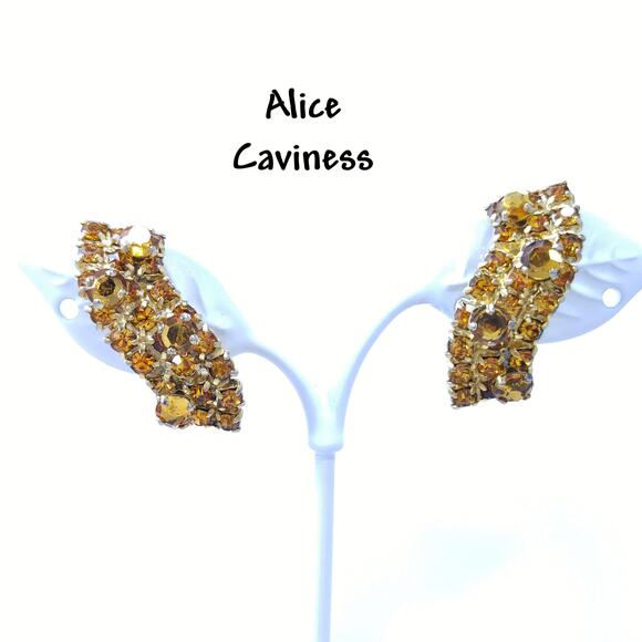 Alice Caviness Topaz Rhinestone Earrings, 1960s Vintage Jewelry - Picture 1 of 10